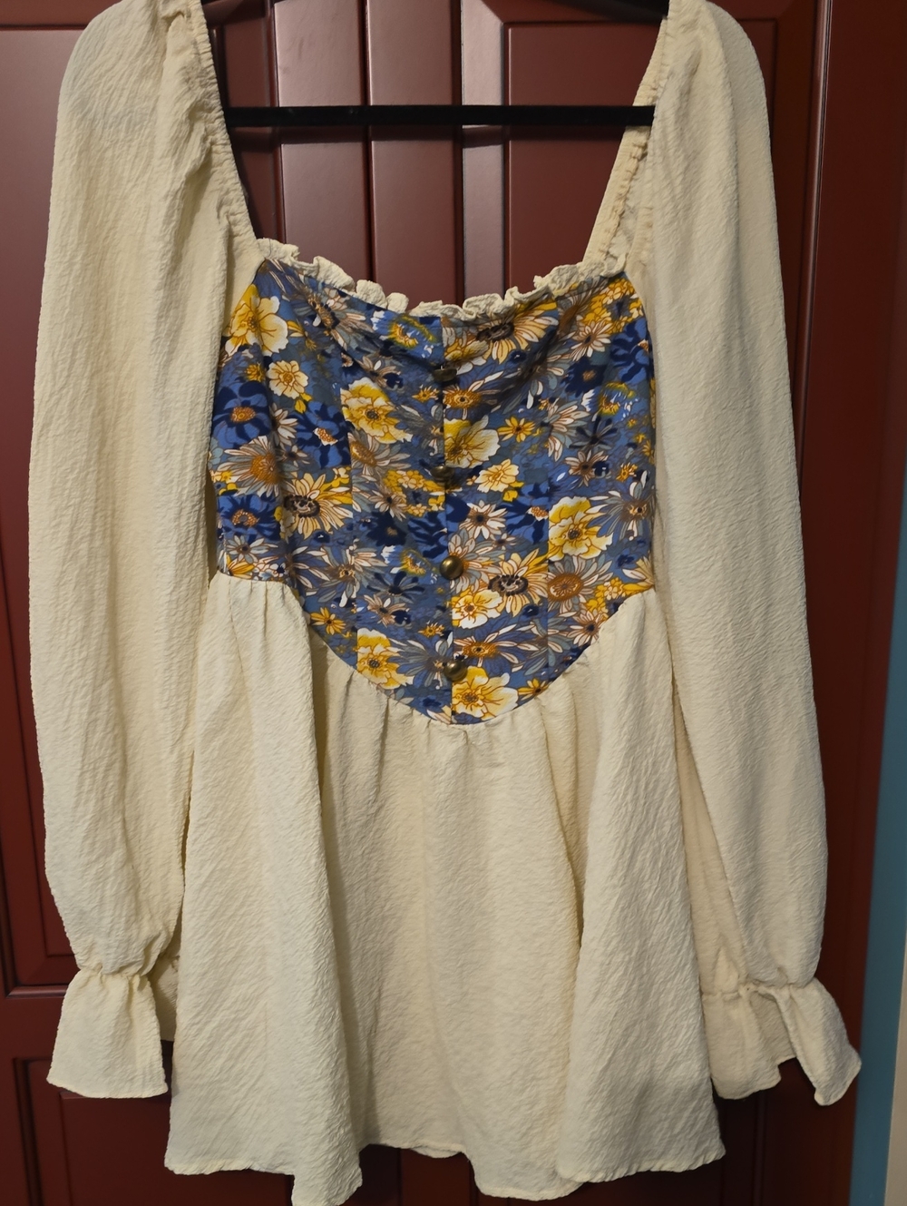 Floral Panel Cream Long-Sleeve Women's Dress